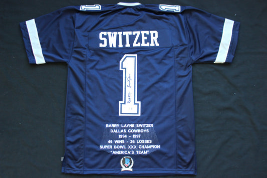 BARRY SWITZER DALLAS COWBOYS SIGNED ROAD STATS JERSEY Sooners BAS COA