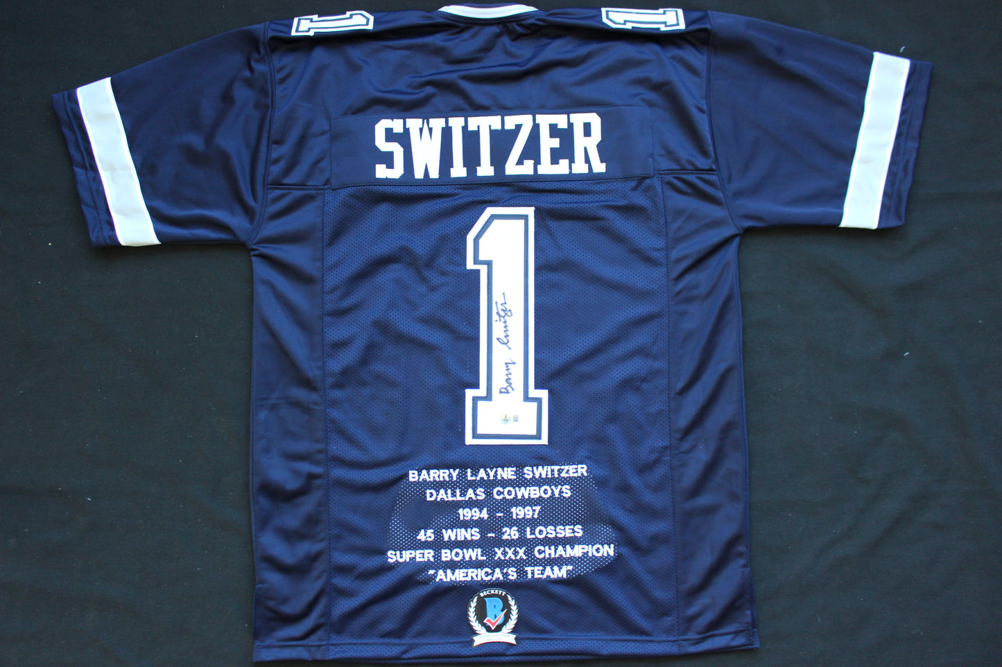 BARRY SWITZER DALLAS COWBOYS SIGNED ROAD STATS JERSEY Sooners BAS COA