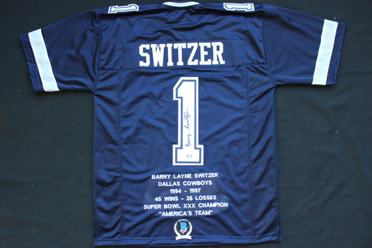 BARRY SWITZER DALLAS COWBOYS SIGNED ROAD STATS JERSEY Sooners BAS COA