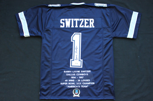 BARRY SWITZER DALLAS COWBOYS SIGNED ROAD STATS JERSEY Sooners BAS COA