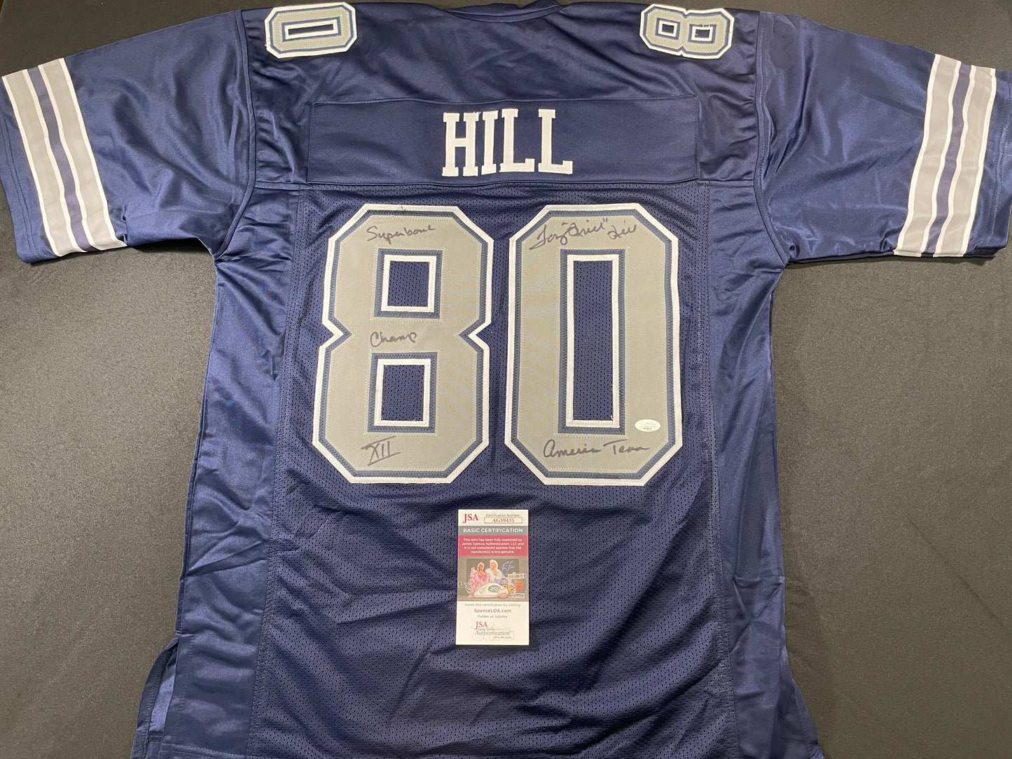 TONY HILL DALLAS COWBOYS SIGNED BLUE JERSEY w/MULTI INSC size XL JSA COA