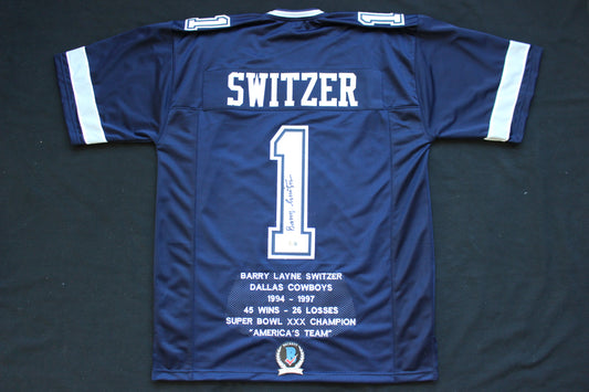 BARRY SWITZER DALLAS COWBOYS SIGNED ROAD STATS JERSEY Sooners BAS COA