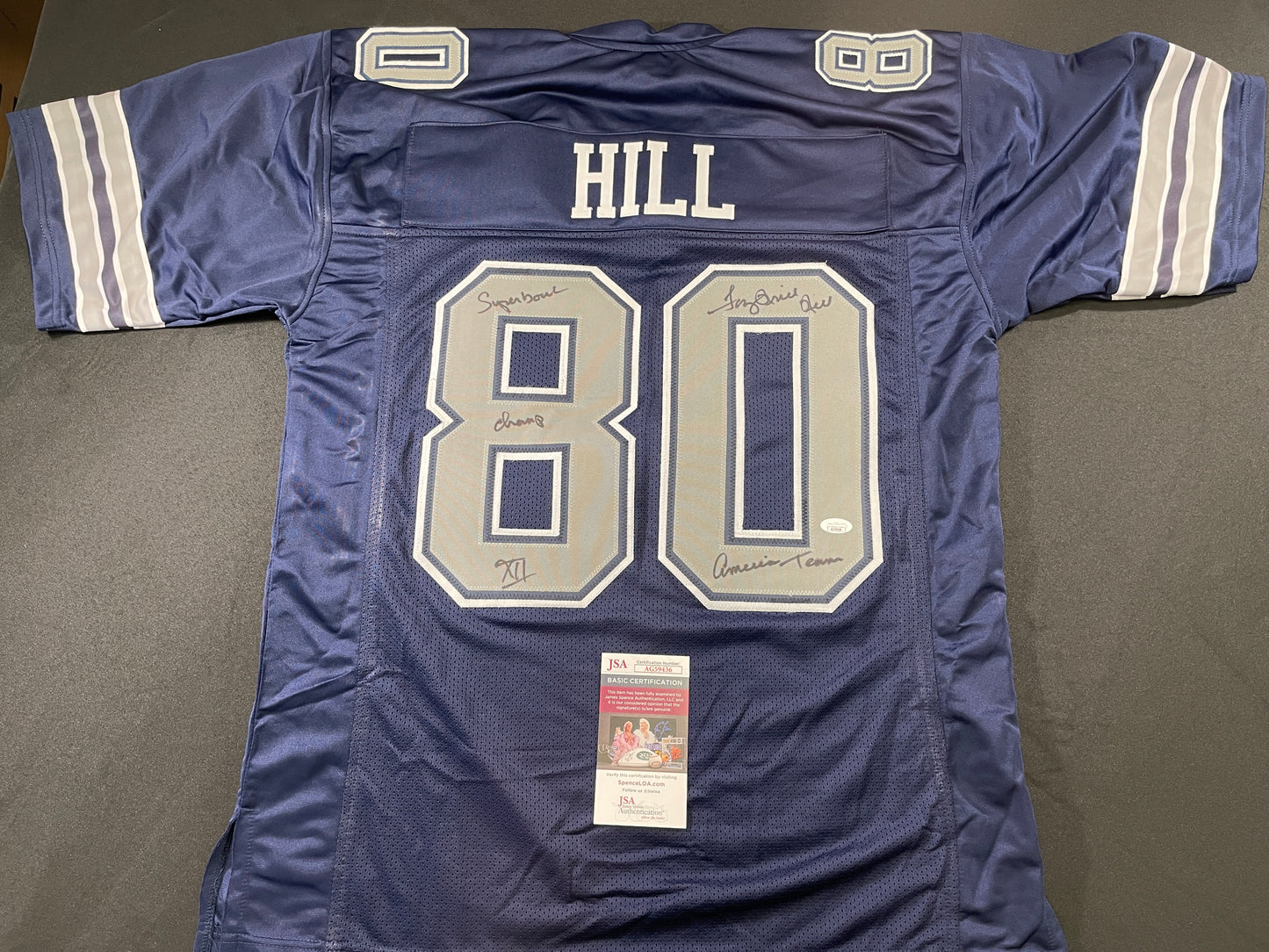 TONY HILL DALLAS COWBOYS SIGNED BLUE JERSEY w/MULTI INSC size XL JSA COA