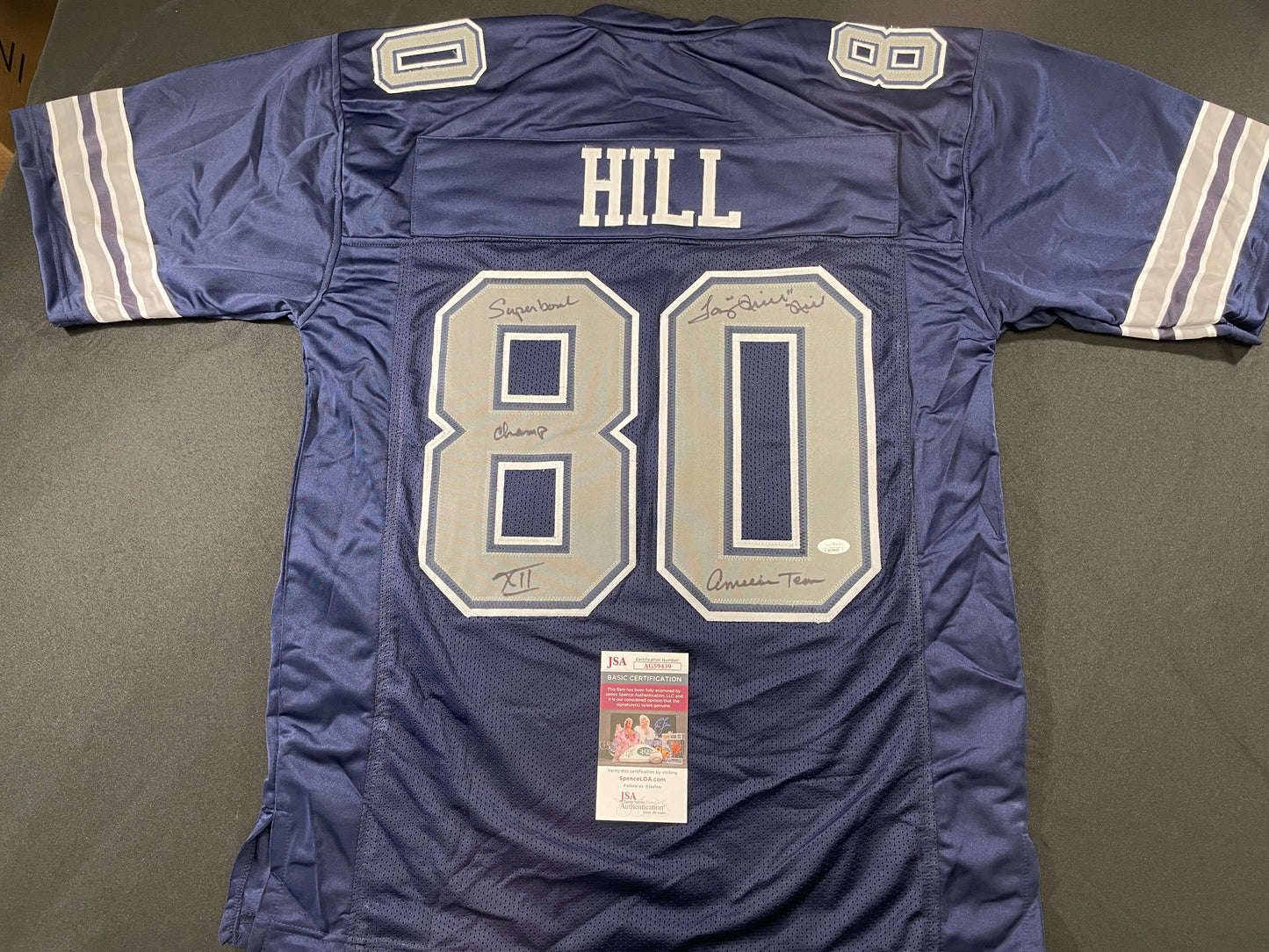 TONY HILL DALLAS COWBOYS SIGNED BLUE JERSEY w/MULTI INSC size XL JSA COA