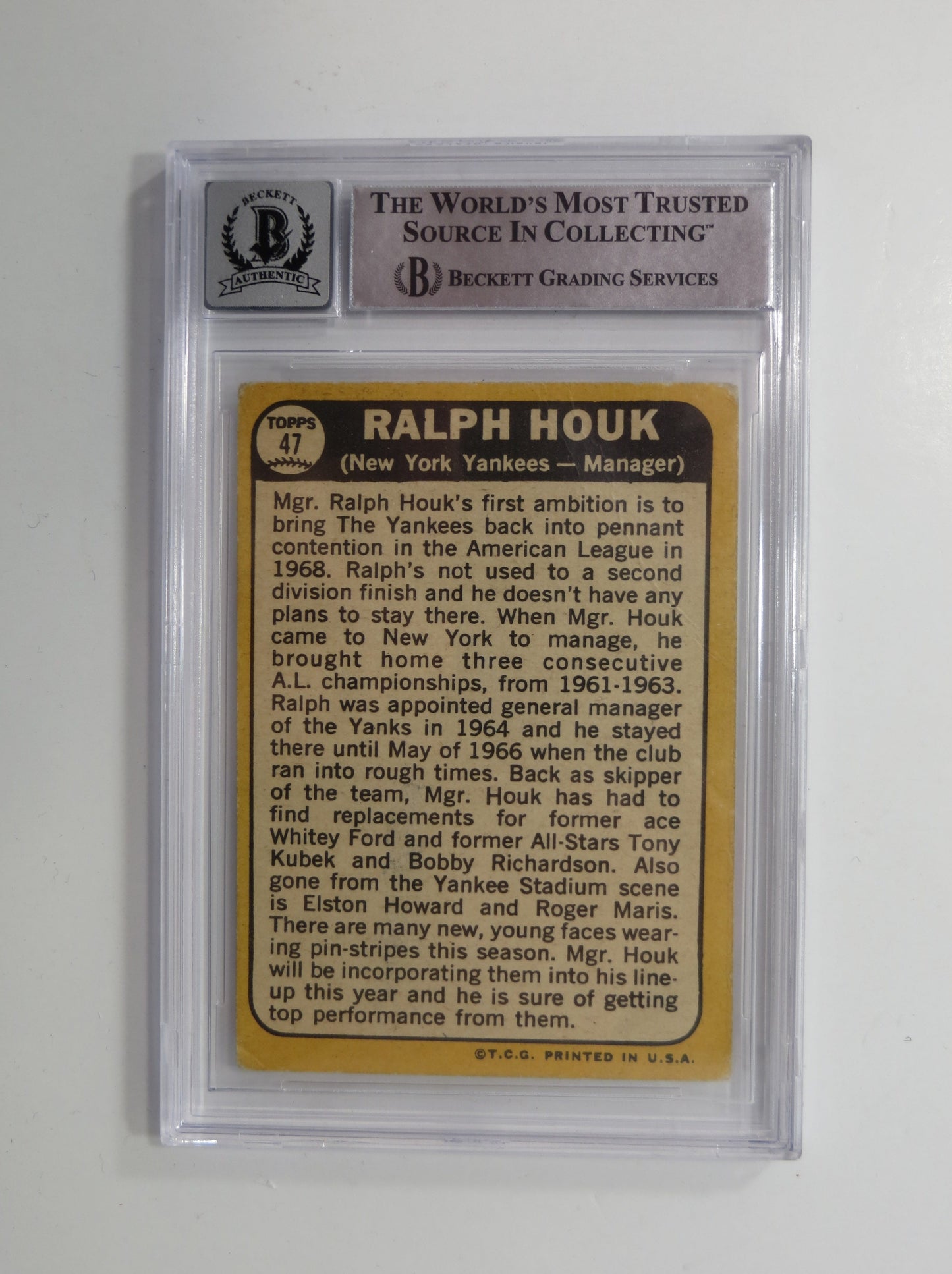 RALPH HOUK SIGNED 1968 Topps BGS BAS SLAB AUTO 10 New York Yankees