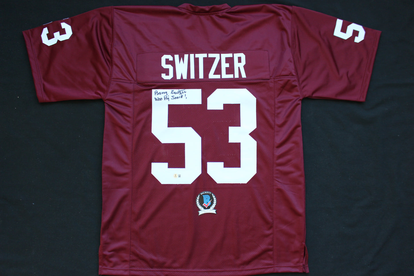 BARRY SWITZER ARKANSAS RAZORBACKS SIGNED JERSEY w/WooPigSooie Sooners Cowboys BAS