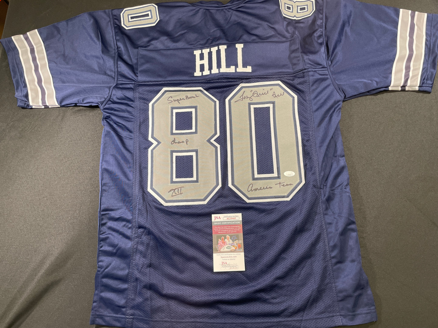 TONY HILL DALLAS COWBOYS SIGNED BLUE JERSEY w/MULTI INSC size XL JSA COA