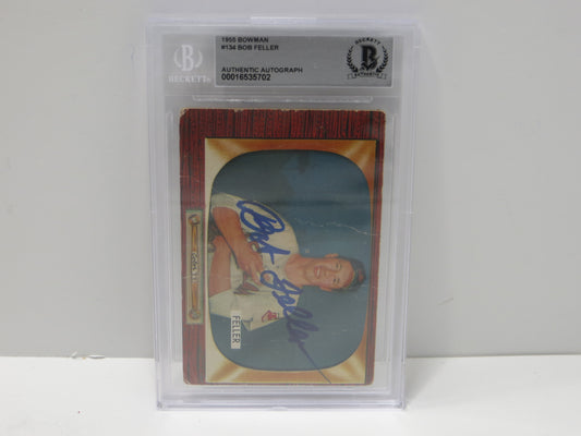 BOB FELLER SIGNED 1955 Bowman BGS BAS SLAB Cleveland Indians