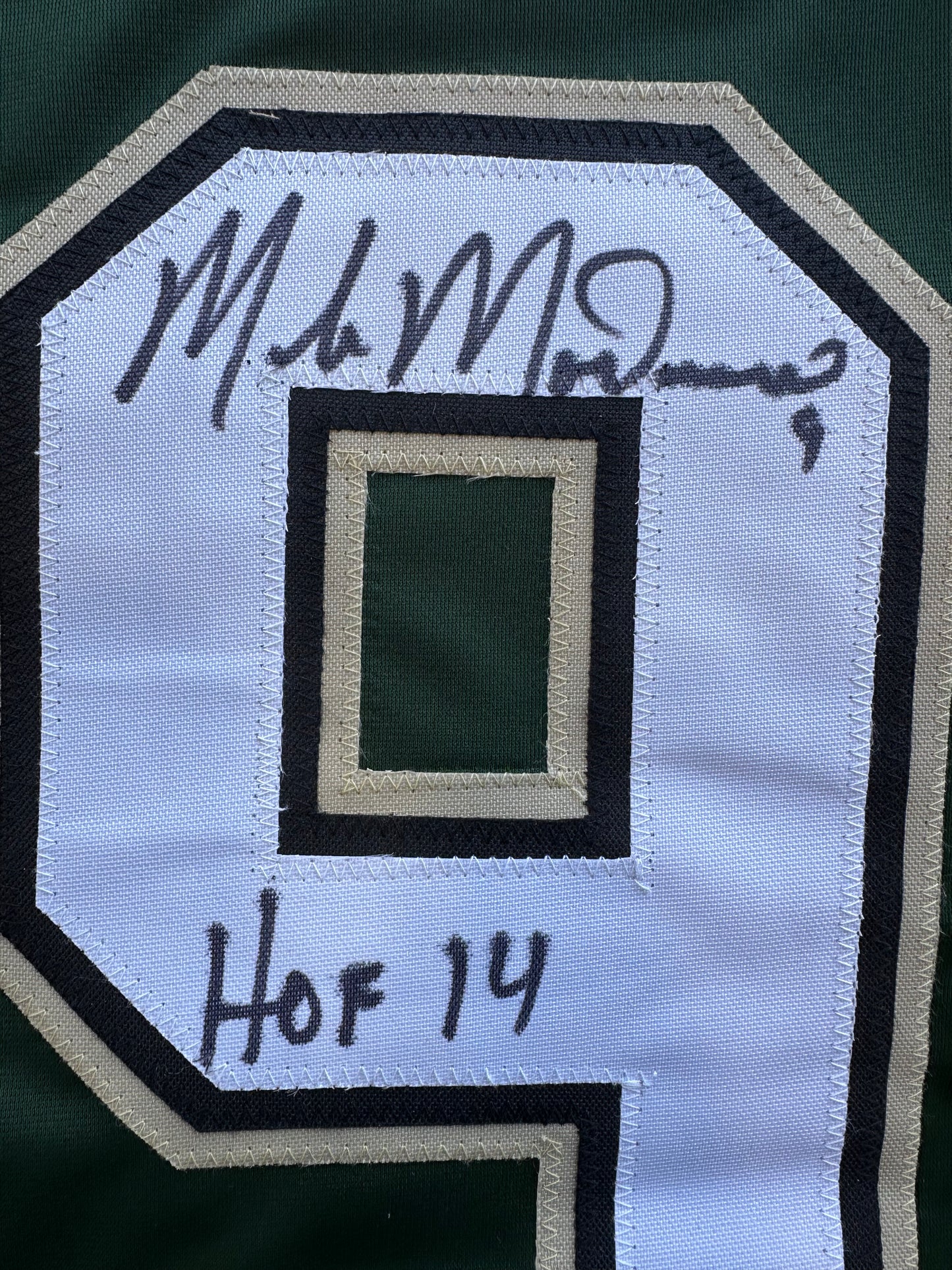 MIKE MODANO SIGNED GREEN HOCKEY JERSEY DALLAS STARS w/"HOF 14" BAS COA