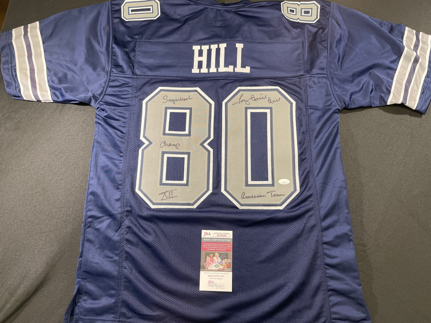 TONY HILL DALLAS COWBOYS SIGNED BLUE JERSEY w/MULTI INSC size XL JSA COA