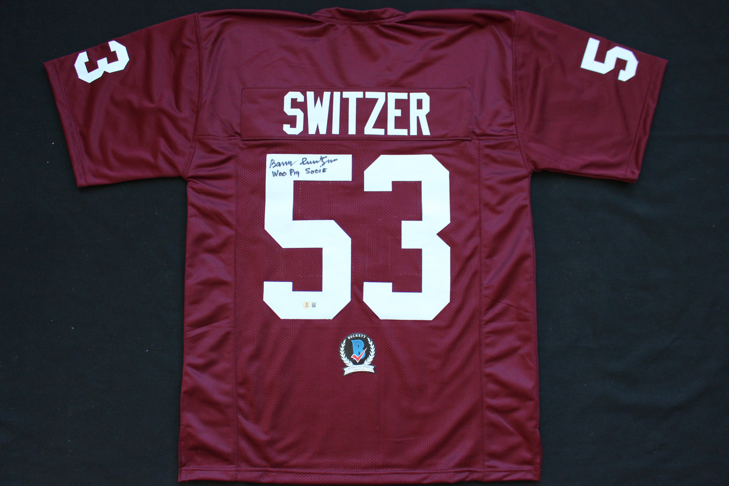 BARRY SWITZER ARKANSAS RAZORBACKS SIGNED JERSEY w/WooPigSooie Sooners Cowboys BAS
