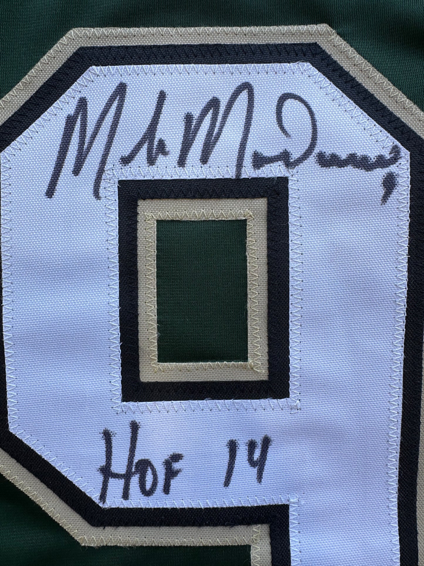 MIKE MODANO SIGNED GREEN HOCKEY JERSEY DALLAS STARS w/"HOF 14" BAS COA