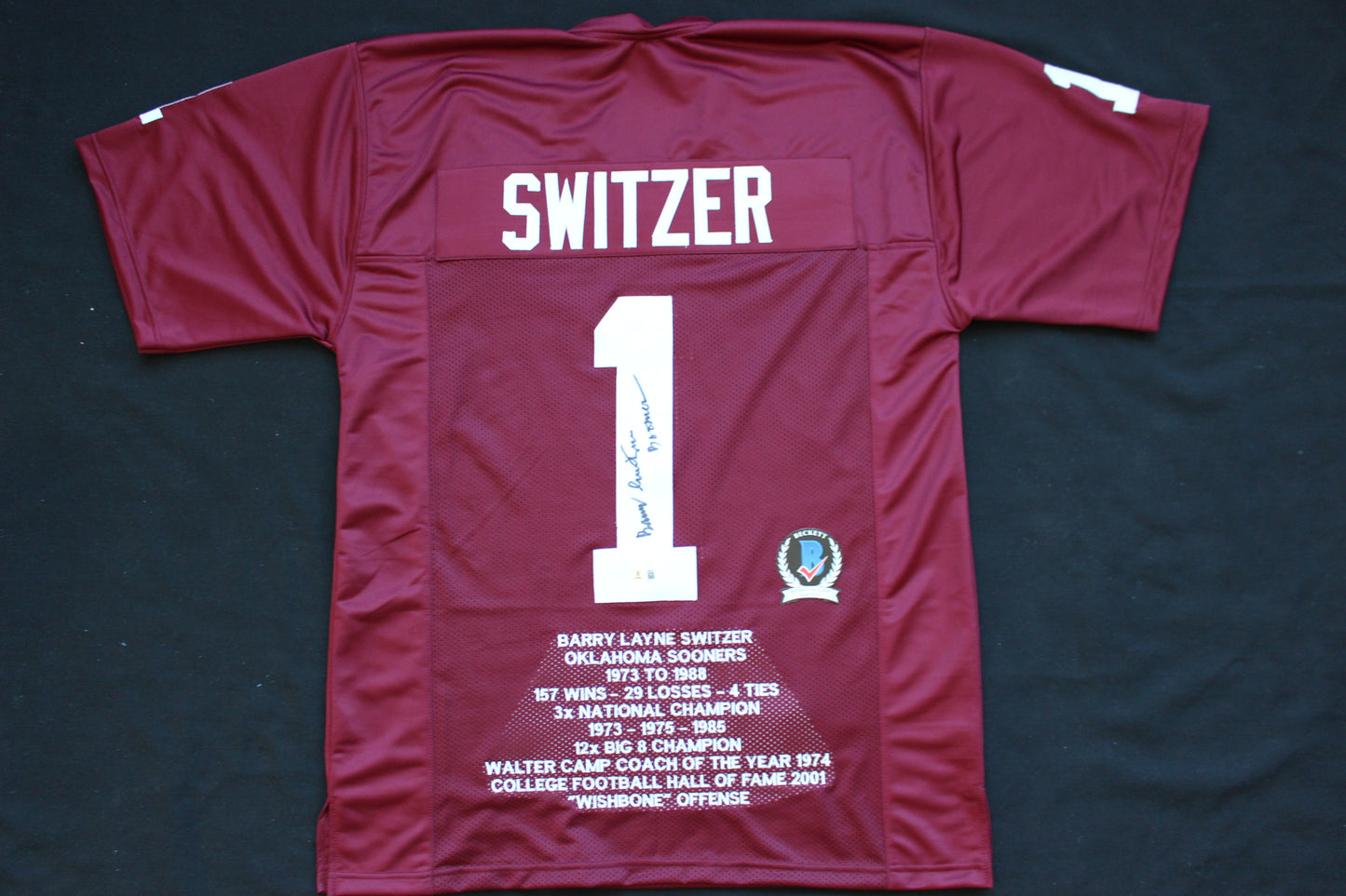 BARRY SWITZER OKLAHOMA OU SOONERS SIGNED STAT JERSEY w/Boomer Cowboys BAS