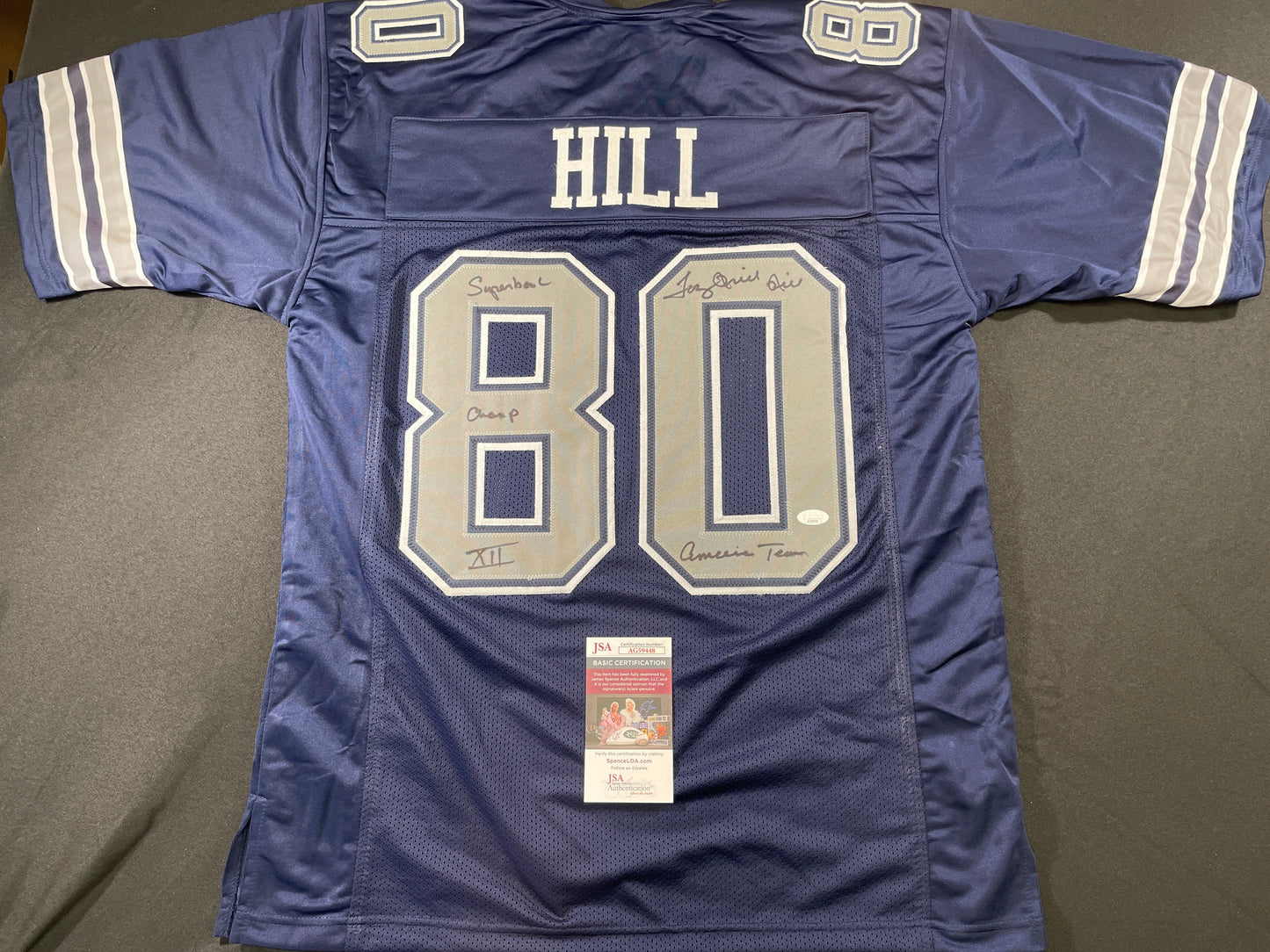 TONY HILL DALLAS COWBOYS SIGNED BLUE JERSEY w/MULTI INSC size XL JSA COA