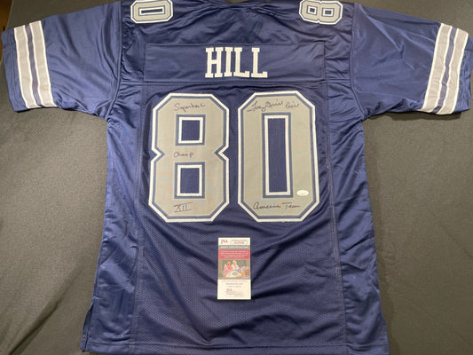 TONY HILL DALLAS COWBOYS SIGNED BLUE JERSEY w/MULTI INSC size XL JSA COA