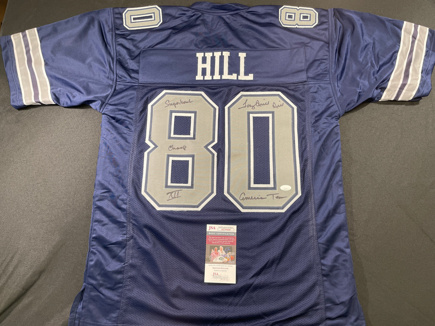 TONY HILL DALLAS COWBOYS SIGNED BLUE JERSEY w/MULTI INSC size XL JSA COA