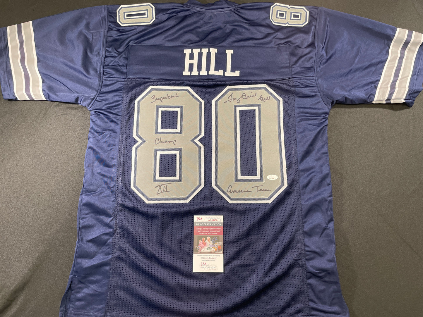 TONY HILL DALLAS COWBOYS SIGNED BLUE JERSEY w/MULTI INSC size XL JSA COA