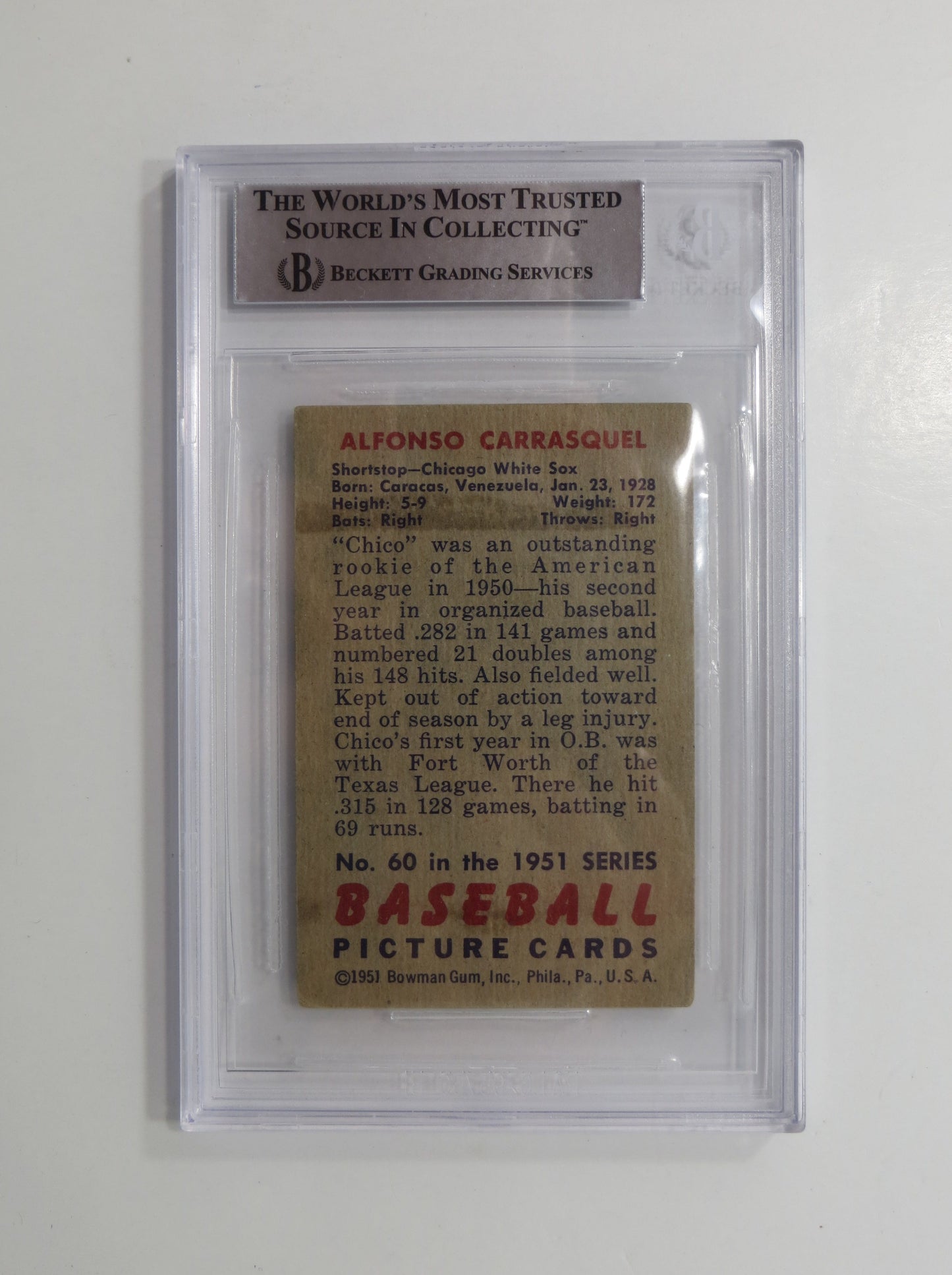 ALFONSO CHICO CARRASQUEL SIGNED 1951 Bowman #60 BAS BGS SLAB