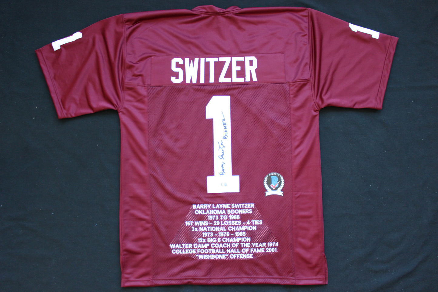 BARRY SWITZER OKLAHOMA OU SOONERS SIGNED STAT JERSEY w/Boomer Cowboys BAS