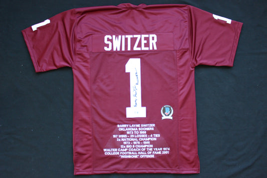 BARRY SWITZER OKLAHOMA OU SOONERS SIGNED STAT JERSEY w/Boomer Cowboys BAS
