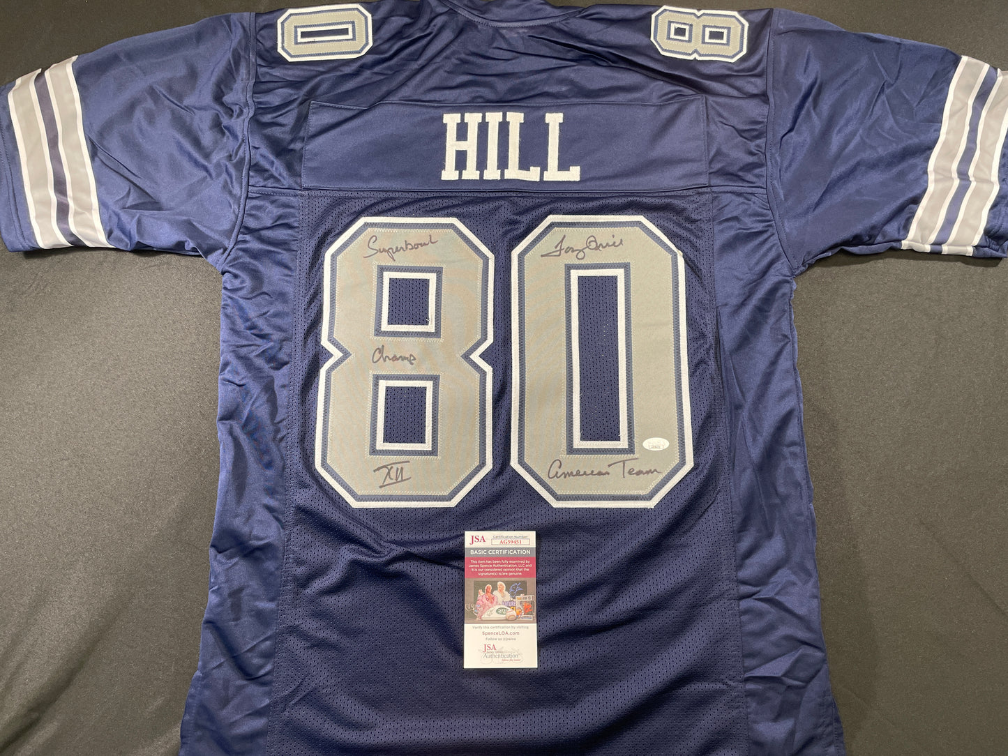 TONY HILL DALLAS COWBOYS SIGNED BLUE JERSEY w/MULTI INSC size XL JSA COA