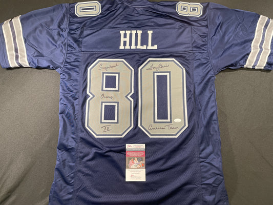 TONY HILL DALLAS COWBOYS SIGNED BLUE JERSEY w/MULTI INSC size XL JSA COA
