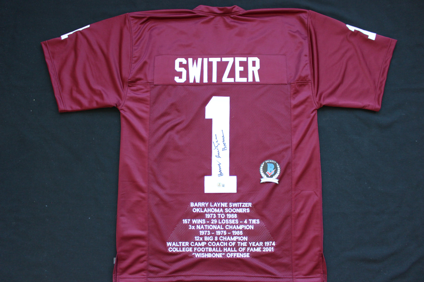 BARRY SWITZER OKLAHOMA OU SOONERS SIGNED STAT JERSEY w/Boomer Cowboys BAS