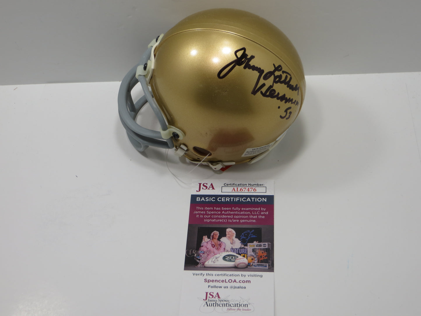 JOHNNY LATTNER SIGNED NOTRE DAME RIDDELL MINI HELMET w/Heisman JSA