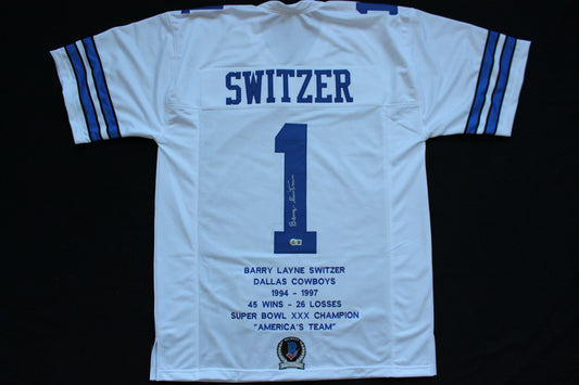 BARRY SWITZER DALLAS COWBOYS SIGNED HOME STATS JERSEY Sooners BAS COA