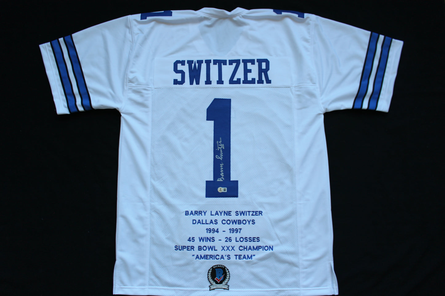 BARRY SWITZER DALLAS COWBOYS SIGNED HOME STATS JERSEY Sooners BAS COA