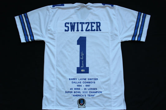 BARRY SWITZER DALLAS COWBOYS SIGNED HOME STATS JERSEY Sooners BAS COA