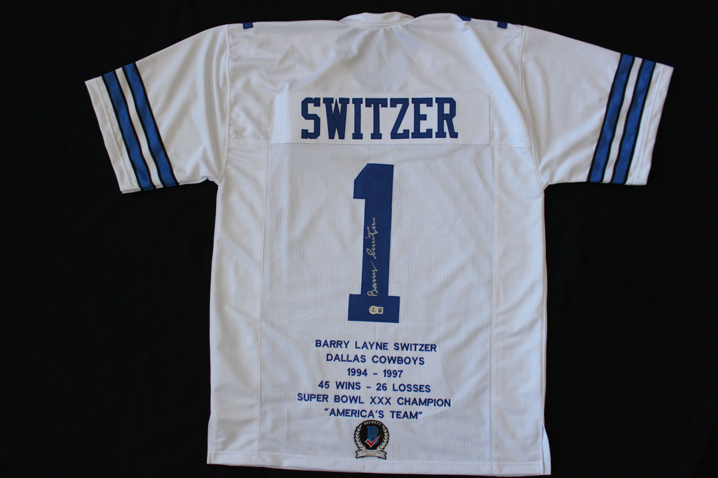 BARRY SWITZER DALLAS COWBOYS SIGNED HOME STATS JERSEY Sooners BAS COA