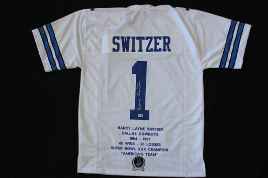 BARRY SWITZER DALLAS COWBOYS SIGNED HOME STATS JERSEY Sooners BAS COA