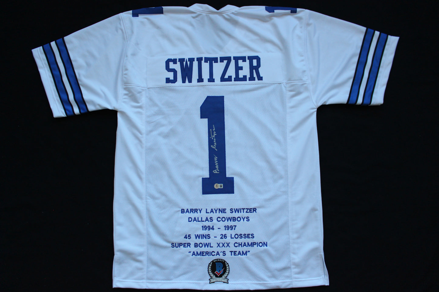 BARRY SWITZER DALLAS COWBOYS SIGNED HOME STATS JERSEY Sooners BAS COA