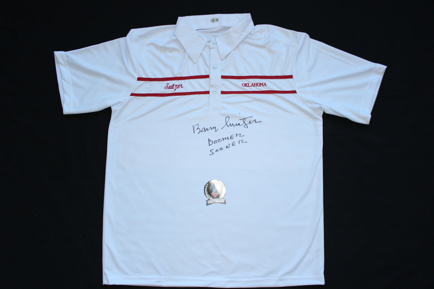 BARRY SWITZER OKLAHOMA OU SOONERS SIGNED Custom POLO SHIRT w/Boomer Sooner BAS