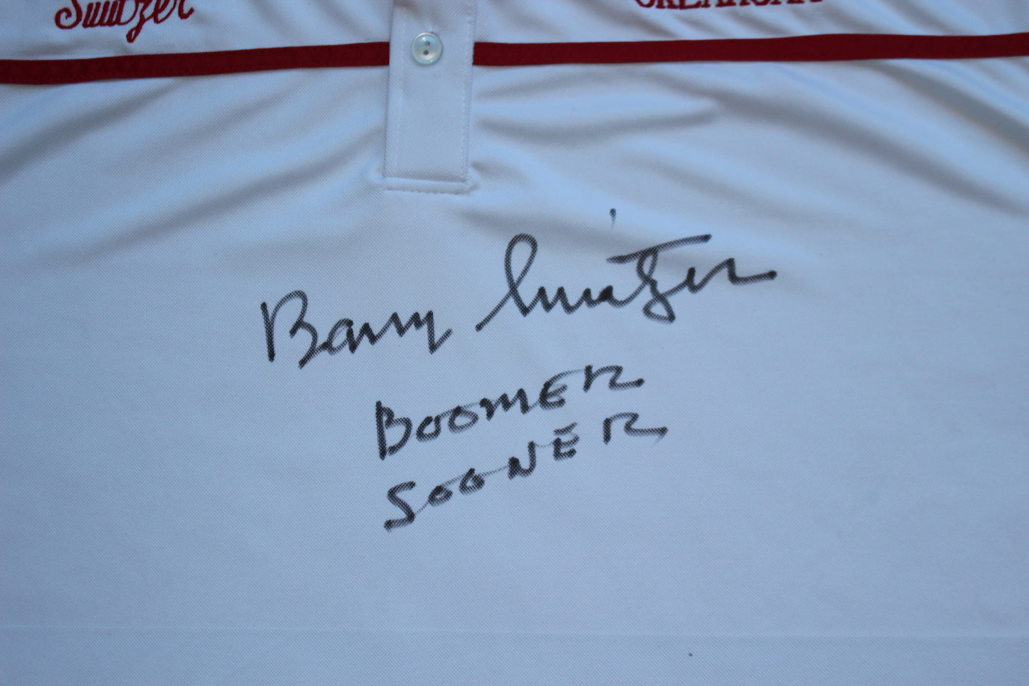 BARRY SWITZER OKLAHOMA OU SOONERS SIGNED Custom POLO SHIRT w/Boomer Sooner BAS