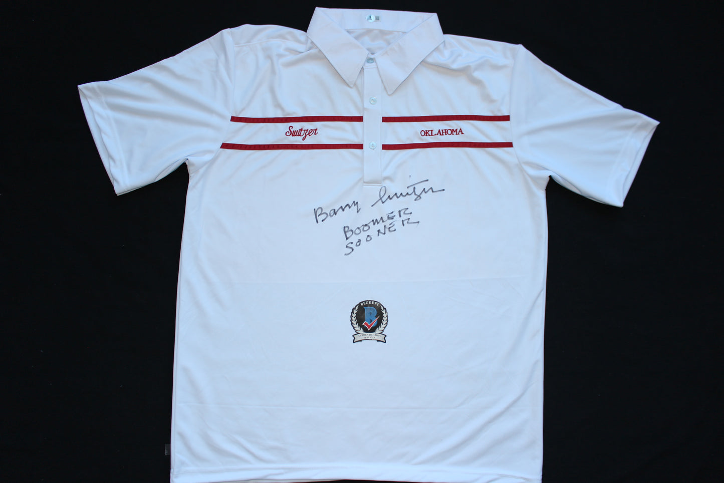 BARRY SWITZER OKLAHOMA OU SOONERS SIGNED Custom POLO SHIRT w/Boomer Sooner BAS