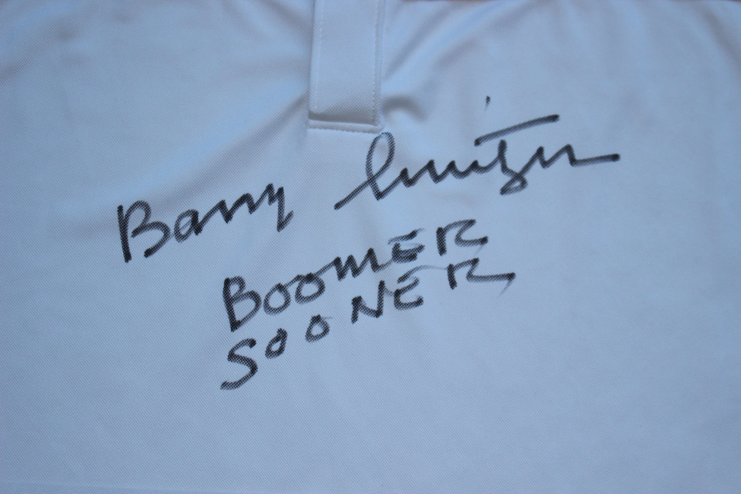 BARRY SWITZER OKLAHOMA OU SOONERS SIGNED Custom POLO SHIRT w/Boomer Sooner BAS
