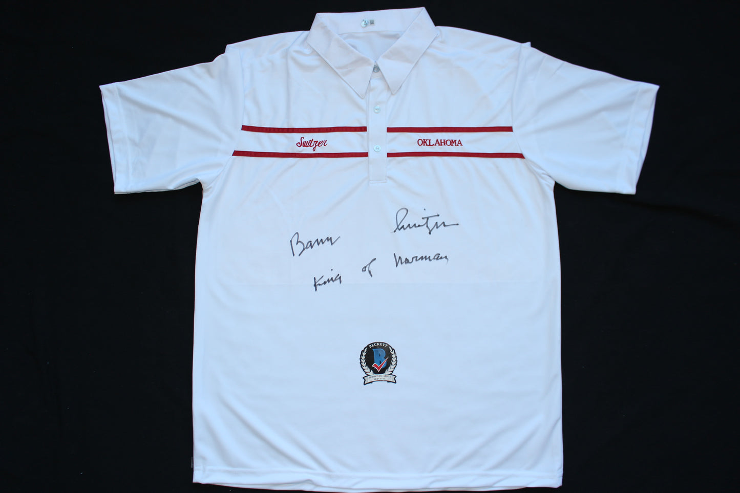 BARRY SWITZER OKLAHOMA OU SOONERS SIGNED Custom POLO SHIRT w/King of Norman BAS