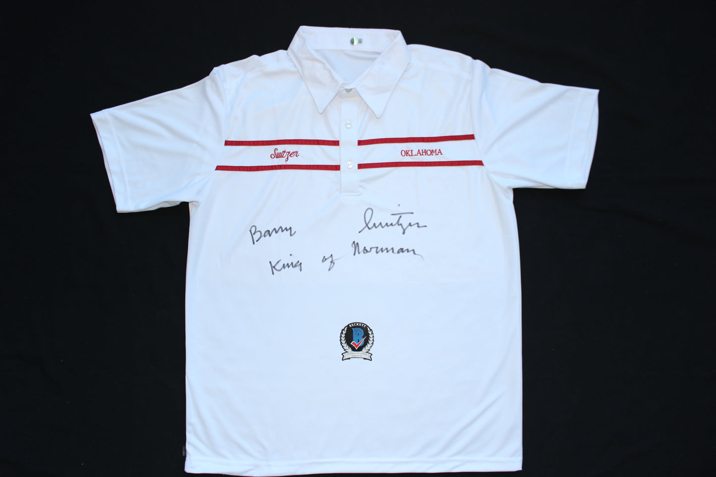 BARRY SWITZER OKLAHOMA OU SOONERS SIGNED Custom POLO SHIRT w/King of Norman BAS