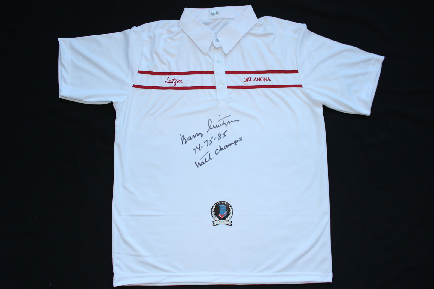 BARRY SWITZER OKLAHOMA OU SOONERS SIGNED Custom POLO SHIRT w/Natl Champs BAS