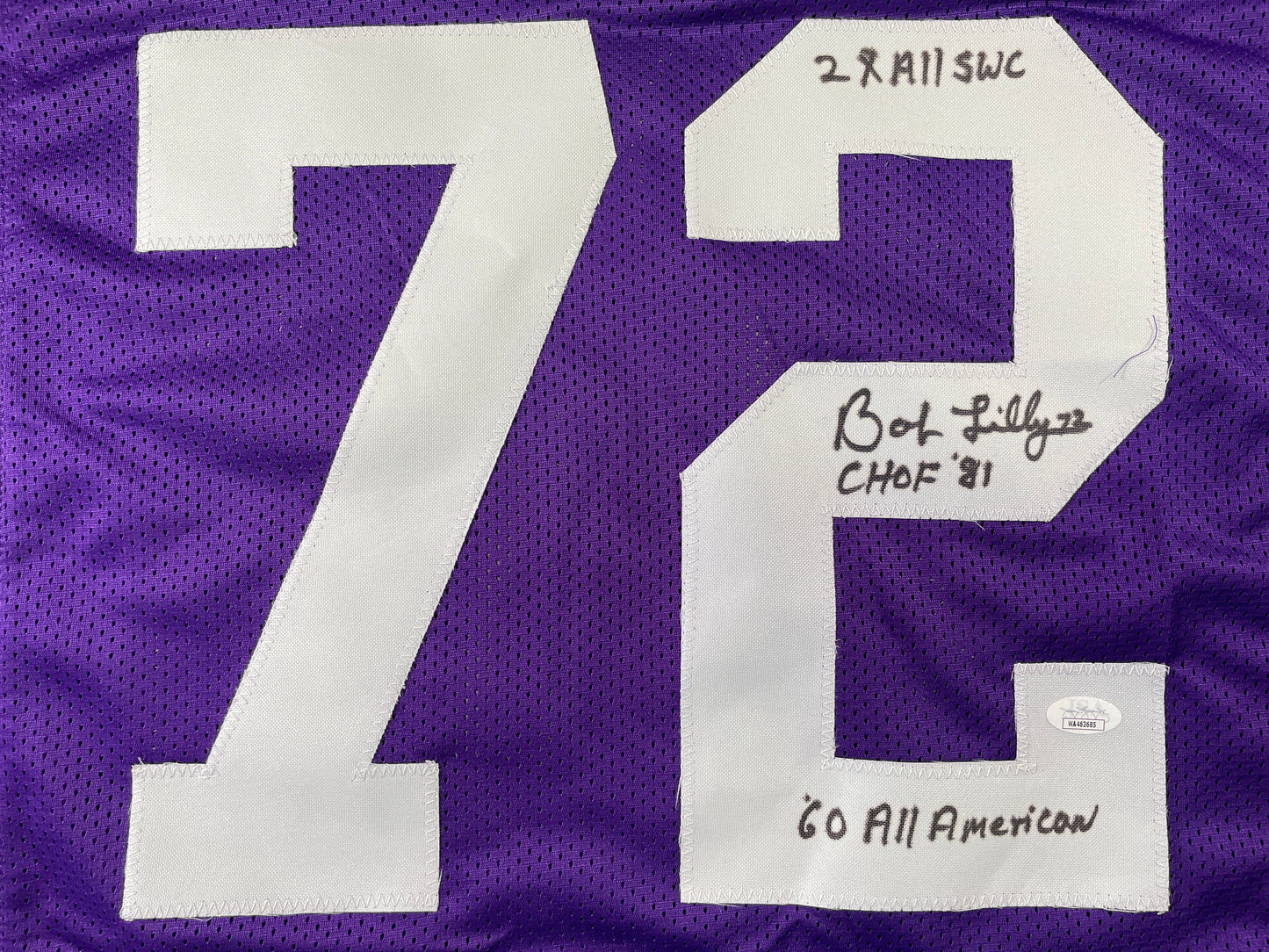 BOB LILLY TCU HORNED FROGS SIGNED JERSEY w/3INSC Dallas Cowboys JSA