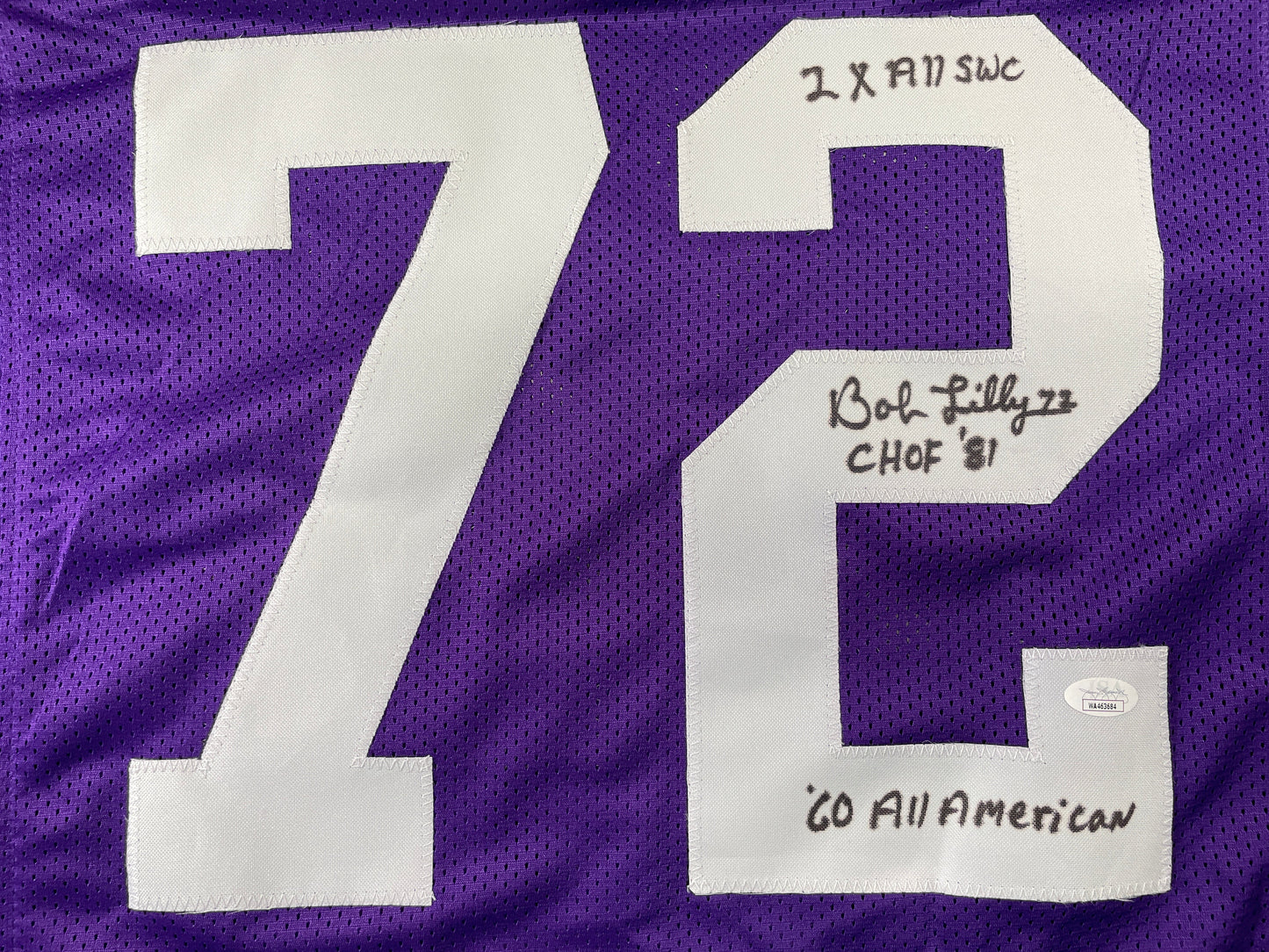 BOB LILLY TCU HORNED FROGS SIGNED JERSEY w/3INSC Dallas Cowboys JSA