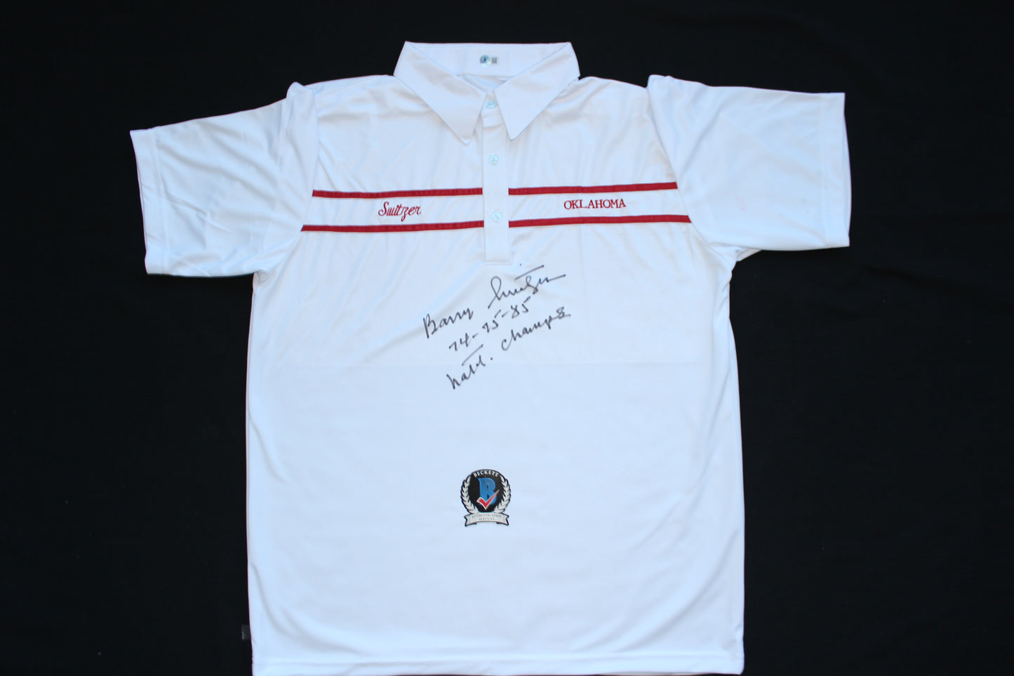 BARRY SWITZER OKLAHOMA OU SOONERS SIGNED Custom POLO SHIRT w/Natl Champs BAS