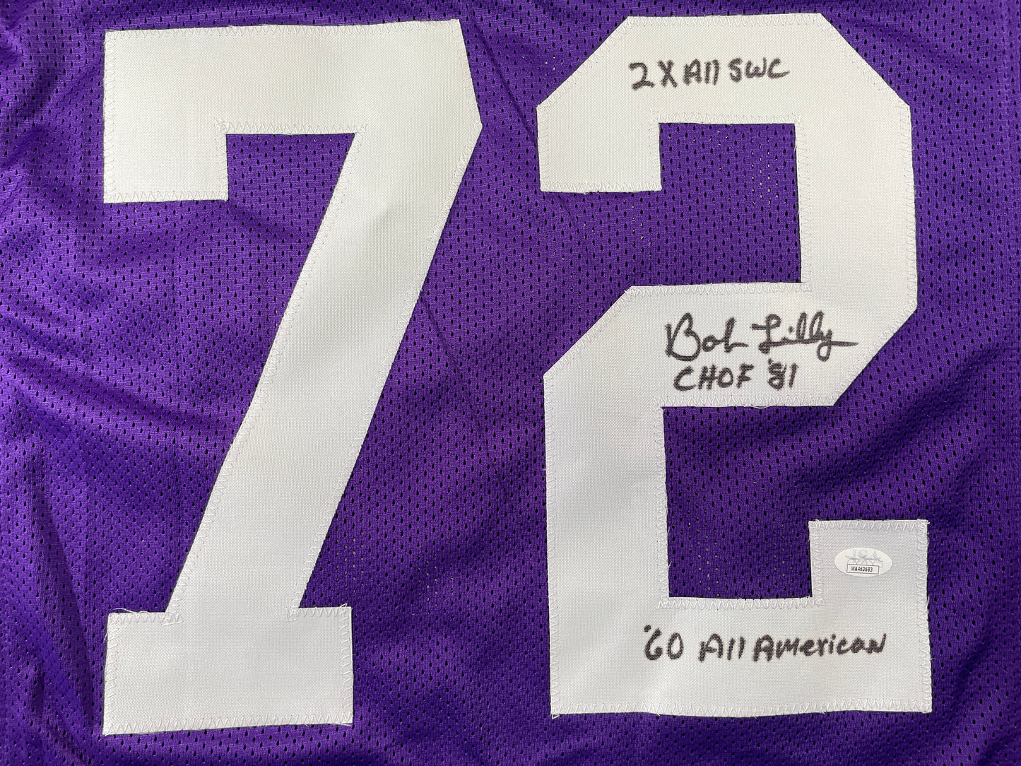 BOB LILLY TCU HORNED FROGS SIGNED JERSEY w/3INSC Dallas Cowboys JSA