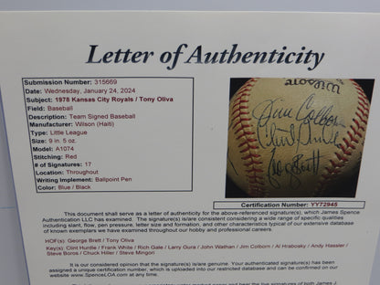 1976 KANSAS ROYALS TEAM SIGNED BASEBALL George Brett Tony Oliva JSA LOA
