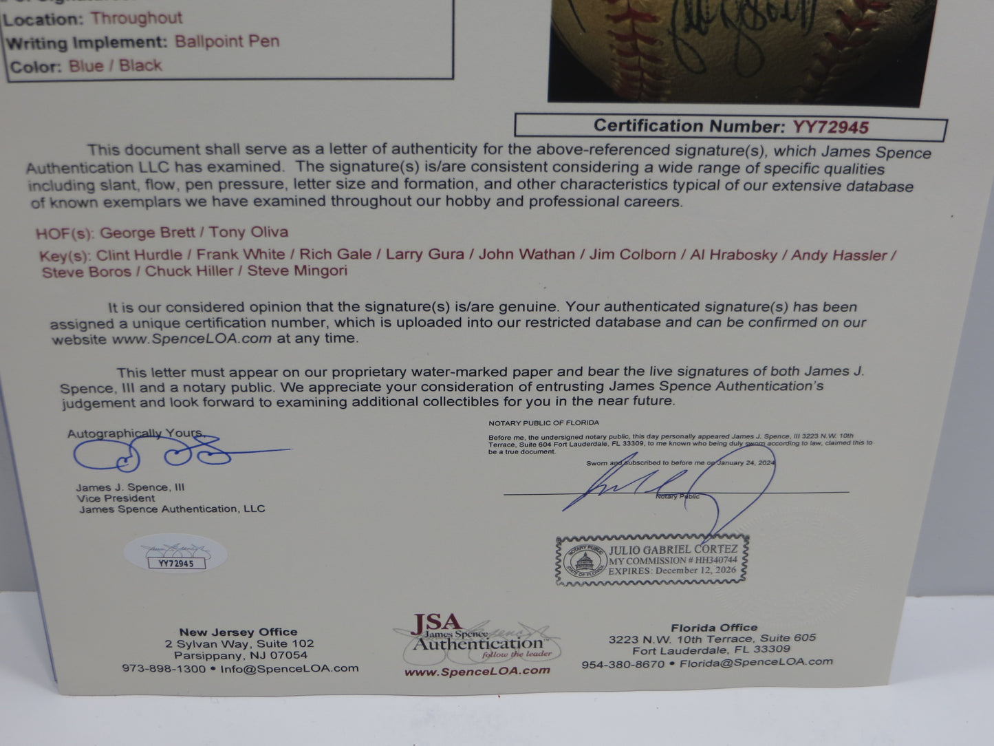 1976 KANSAS ROYALS TEAM SIGNED BASEBALL George Brett Tony Oliva JSA LOA