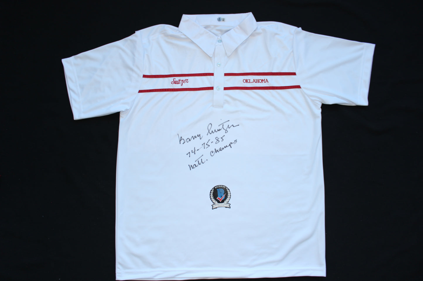 BARRY SWITZER OKLAHOMA OU SOONERS SIGNED Custom POLO SHIRT w/Natl Champs BAS