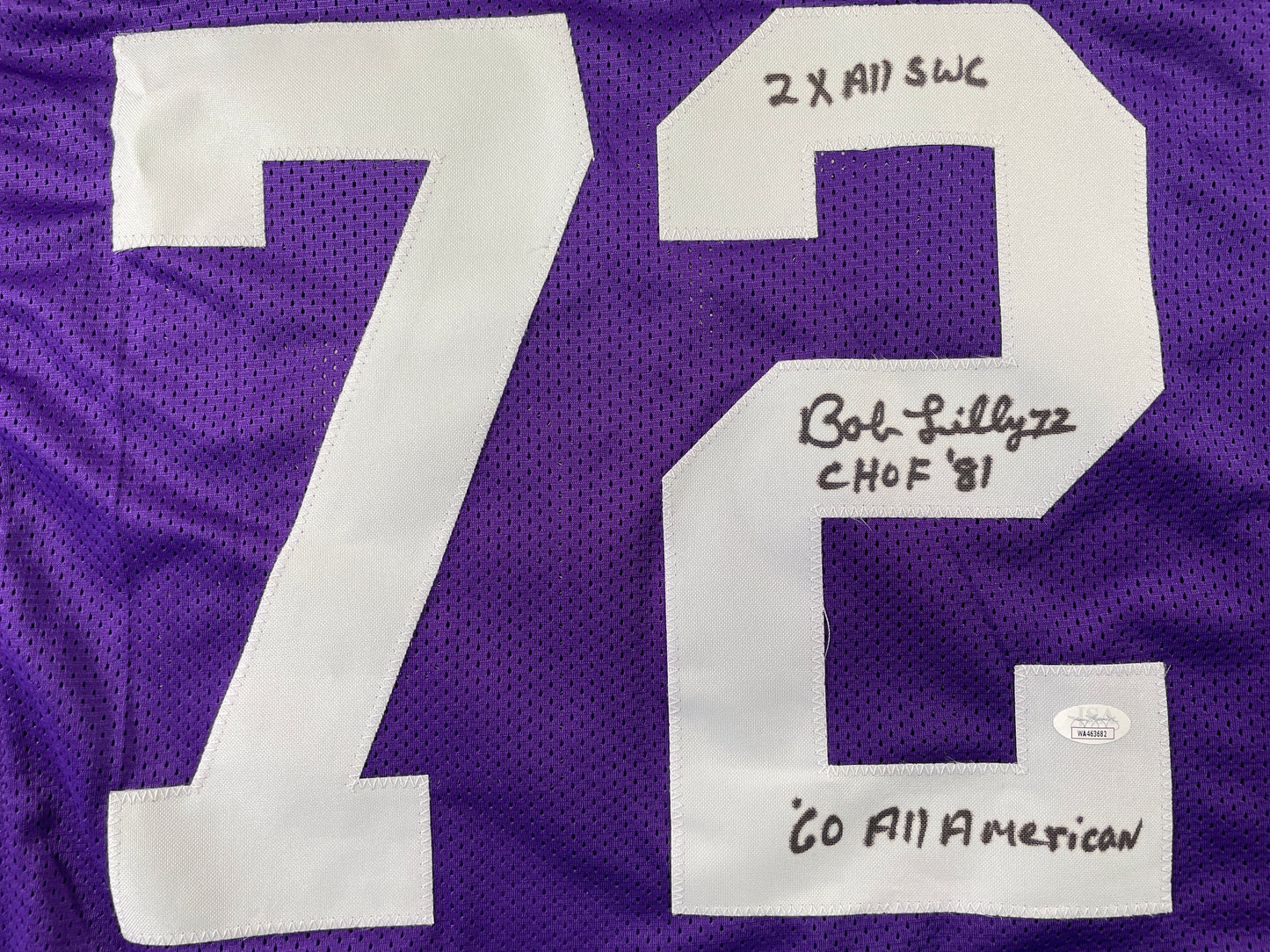 BOB LILLY TCU HORNED FROGS SIGNED JERSEY w/3INSC Dallas Cowboys JSA