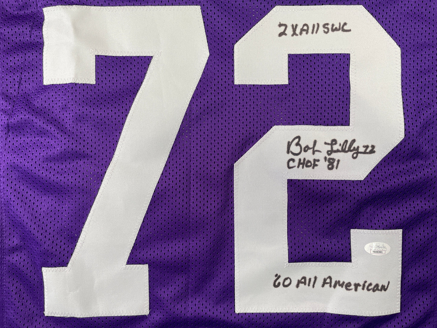 BOB LILLY TCU HORNED FROGS SIGNED JERSEY w/3INSC Dallas Cowboys JSA